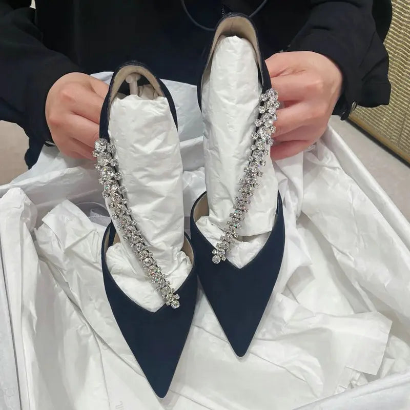 Spring New Black Rhinester High Heels Pointed Hollow Thin With Women'S Instep Drill Chain Sexy Temperament Comfortable Sandals