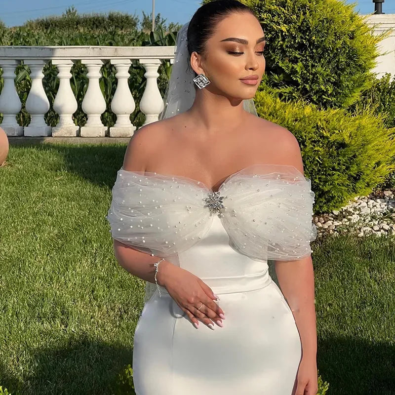 Elegant Mermaid Wedding dress Shoulder Drop Crystal Pearl Wedding dress Bohemian White Beach Garden Bridal Reception dress