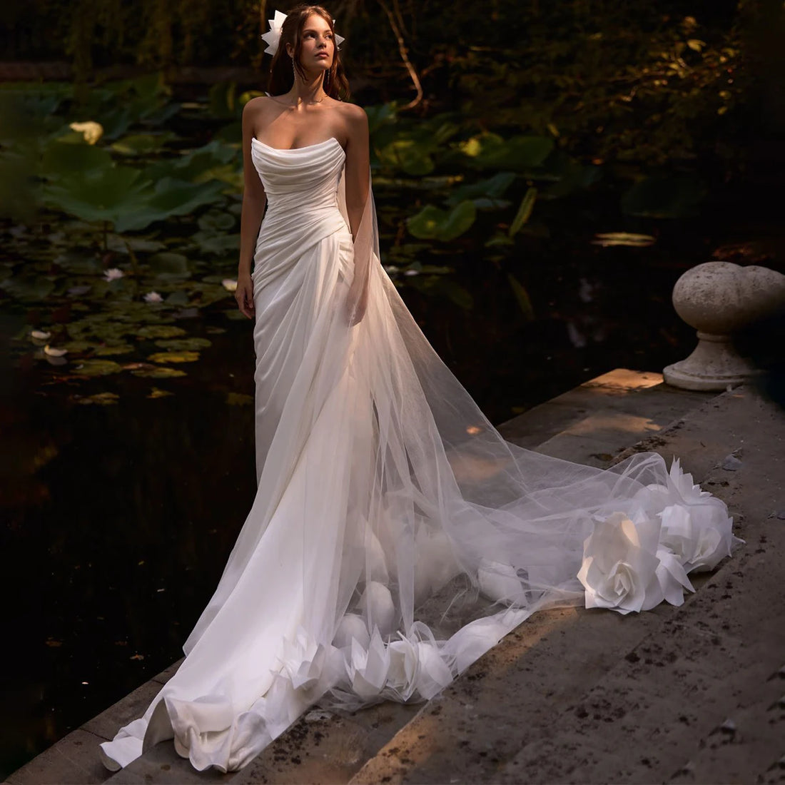 Beach Mermaid Satin Wedding Dress For Women Vestidos Novia Long Pleated Sheath Bridal Party Gown With Train