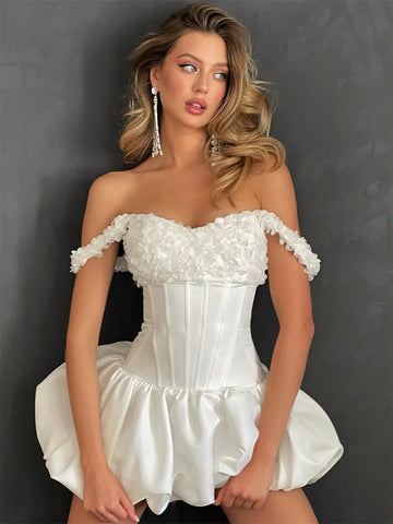 Customized Mini White A-Line 3D Flower Princess Wedding Dress Sexy Sweetheart Backless Beach Dance Bridal Gown Vestido De Novia