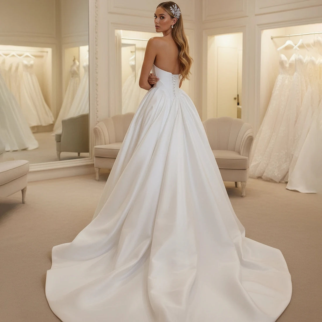 Elegant Satin Strapless Wedding Dress With Train A Line Long Ball Gown For Women Backless Bridal Party Gown Vestidos Novia