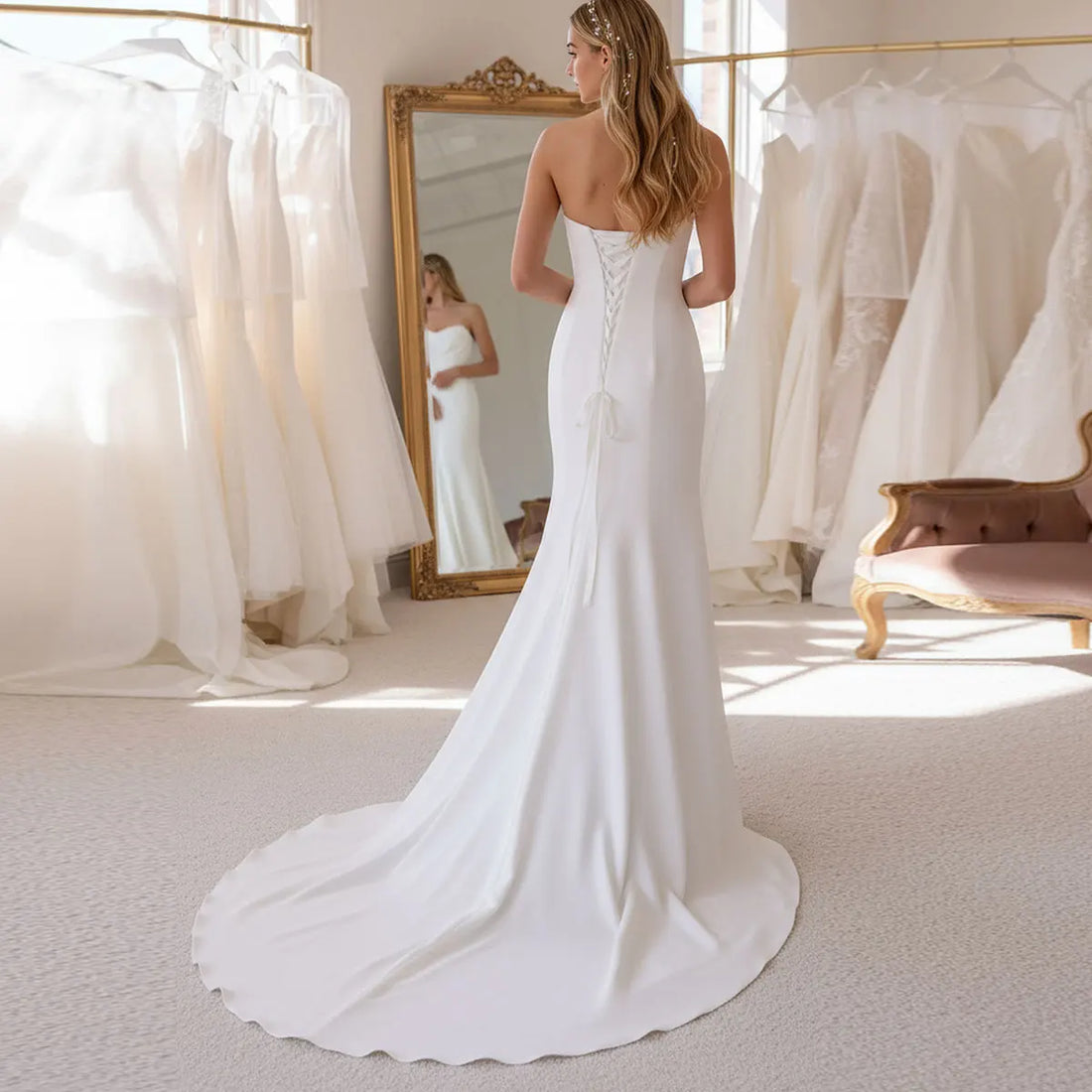 Romantic Satin Mermaid Pleated Wedding Dresses With Slit Strapless Sheath Backless Bridal Party Gown For Bride Vestidos Novia