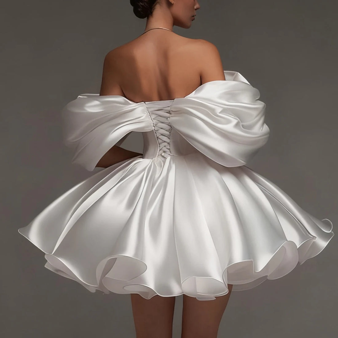 Elegant Puffy Short Wedding Dresses A Line Satin Off Shoulder Bridal Party Gown Mini Backless Ball Gown For Women Vestidos Novia