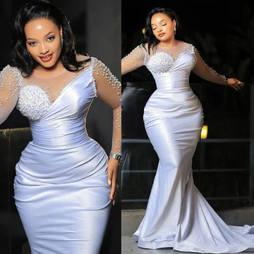 Customized 2025 Mermaid Luxury Sexy Tight African Women's Wedding Dress Pearl Lace Long Sleeve Ruffle Black Women's Bridal Dress