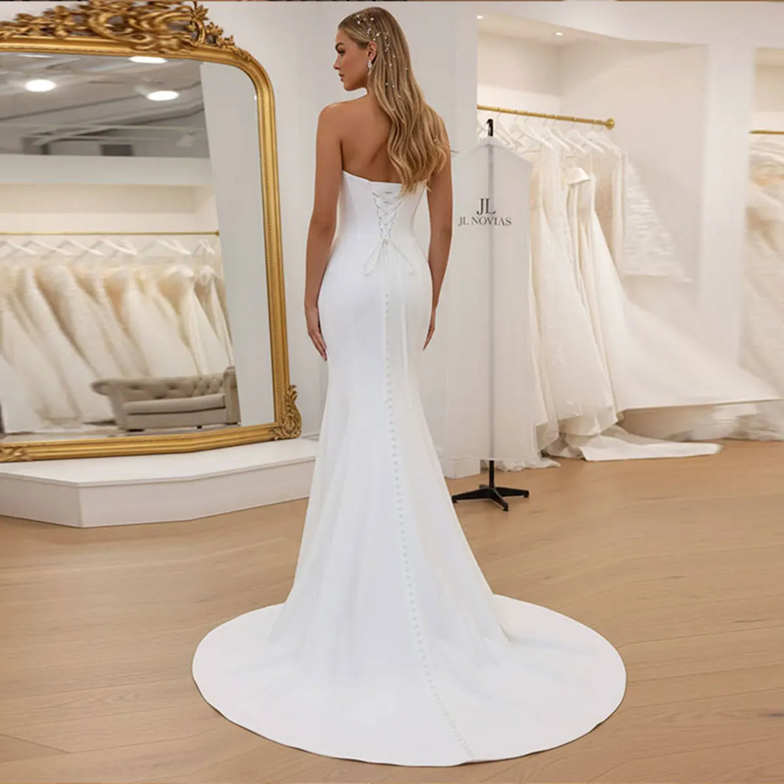 Romantic Strapless Mermaid Wedding Dresses With Slit Sheath Satin Backless Long Bridal Party Gown For Bride Vestidos Novia
