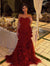 Charming Sexy Strapless Red Wedding Dress with Flowers Custom Fit Mermaid Evening Gown for Bride