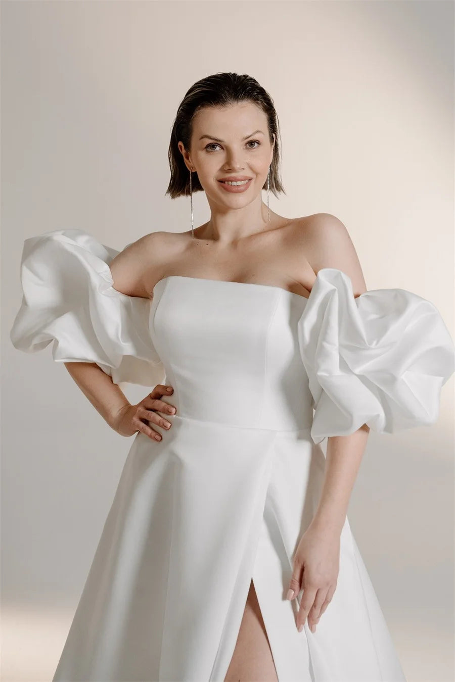 Customized Puff Short Sleeve A-line Front Split Wedding Dress Backless Zipper Custom Size Bridal Gown