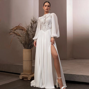 LuxuryHigh Neck Lace Applique Wedding Dress Long Sleeve A-Line Front Split Customizable Bridal Dresses For Wedding  202