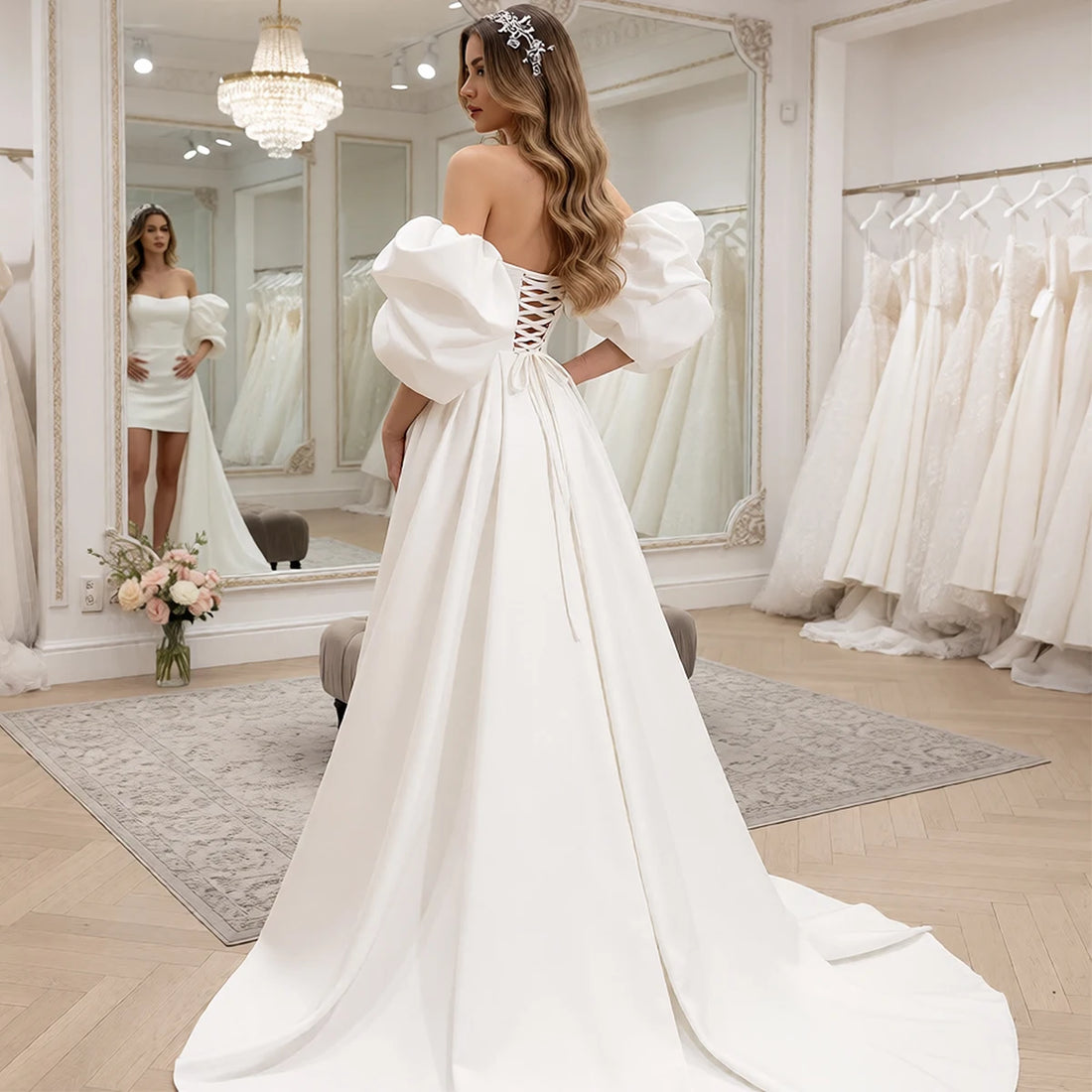 Classic Mermaid Puffy Sleeve Short Wedding Dresses For Bride Strapless Sheath Satin Bridal Party Gown With Train Vestidos Novia