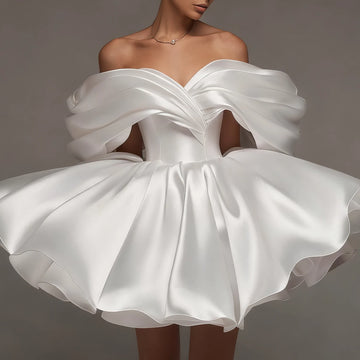Elegant Puffy Short Wedding Dresses A Line Satin Off Shoulder Bridal Party Gown Mini Backless Ball Gown For Women Vestidos Novia