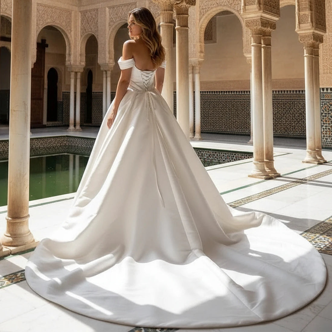 Off-Shoulder Pleated Satin Wedding Dress Beach Vestidos Novia with Slit Long A-Line Ball Gown for Bride Bridal Party Gown