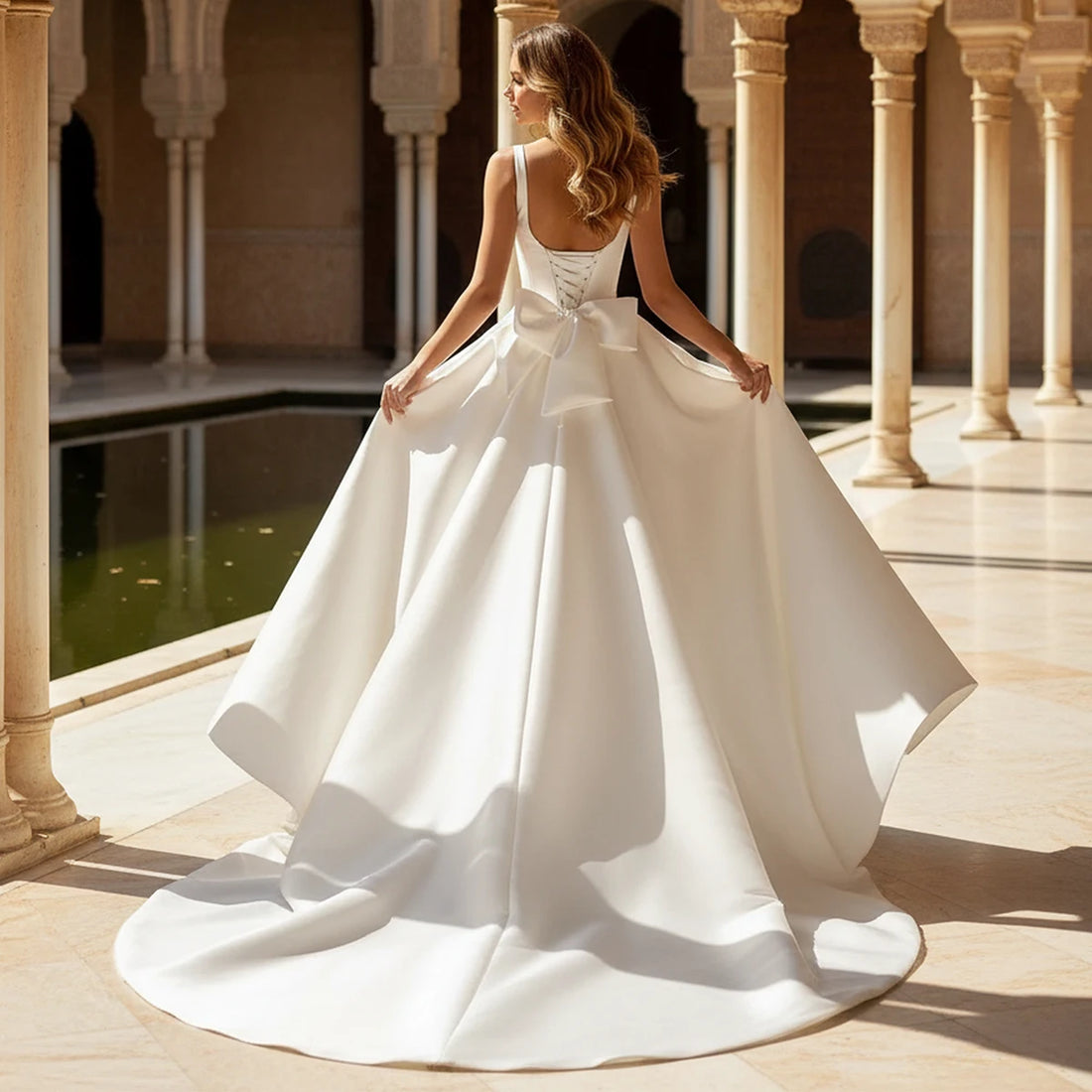 Elegant Vestidos Novia Tank Top Satin Wedding Dress With Bow Long Ball Gown A Line Bridal Party Gown For Bride Lace up Back