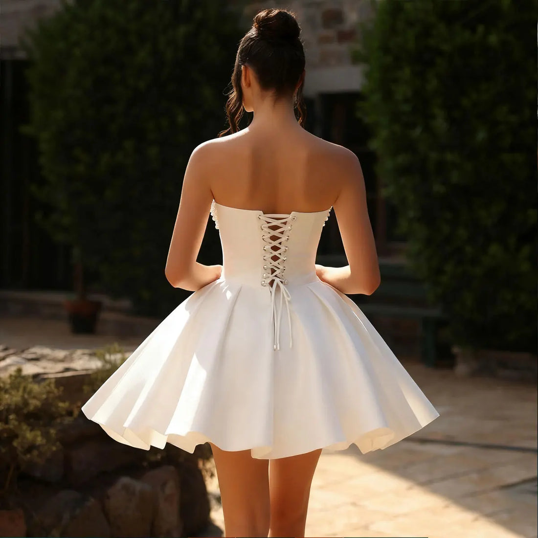 Luxury Beaded Short Wedding Dress For Bride Vestidos Novia Strapless Puffy Ball Gown For Women Mini Satin Bridal Party Gown