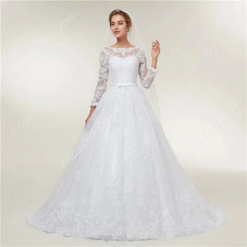 Bohemian Beauty Princess Luxury tulle round neck lace applique bridal A-line custom wedding dress Vestidos de novia