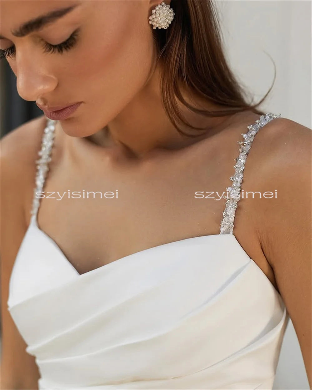 Customized Elegant Spaghetti Straps Bead Mermaid Stain Wedding Dress Gorgeous Backless Floor Length Bride GownS Robe