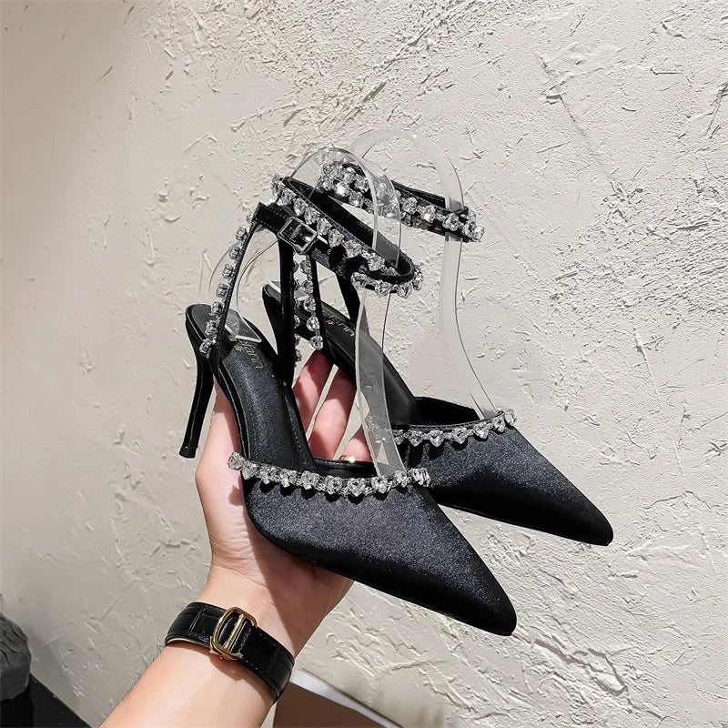 2025 New Banquet Baotou Heart-Shaped Water Diamond Hollow One-Line Buckle Silk Sandals Women'S High Heels