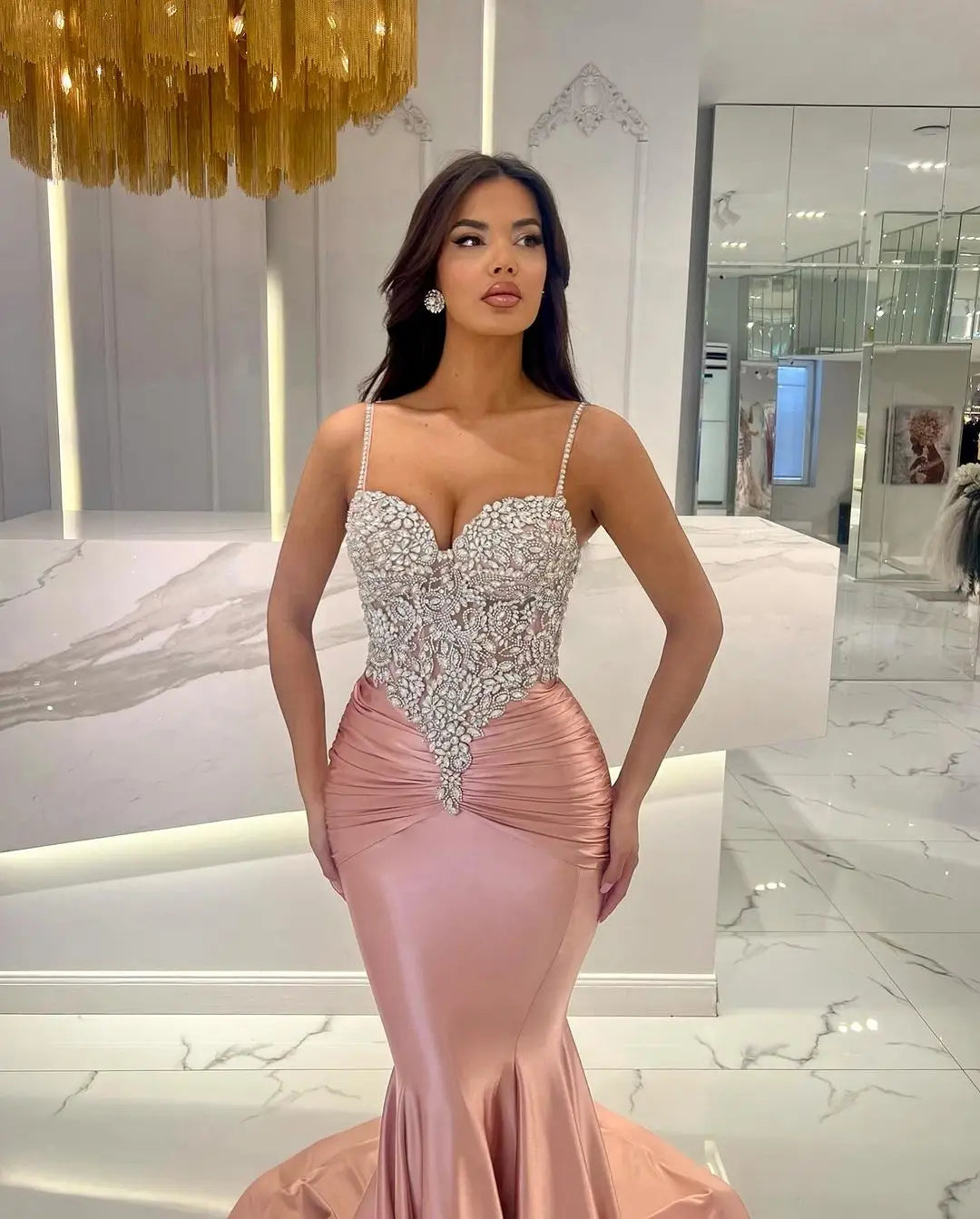 Elegant Pink Mermaid Prom Dresses Custom Made Beaded Spaghetti Strap Formal Occasion Dress vestidos de fiesta فساتين طويلة