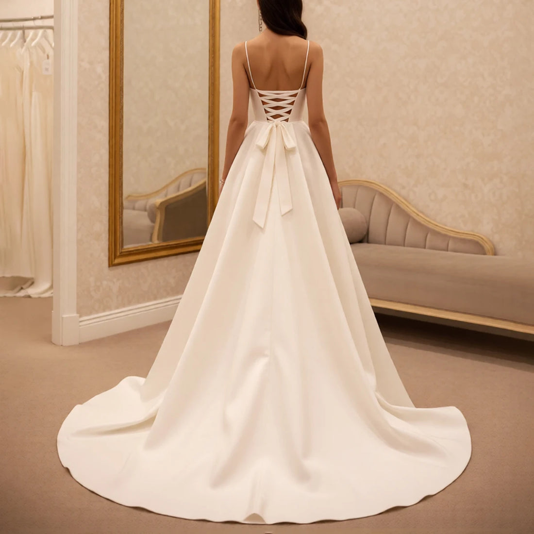 Elegant Satin Spaghetti Strap Wedding Dress With Slit Long A Line Ball Gown For Women Long Bridal Party Gown Vestidos Novia