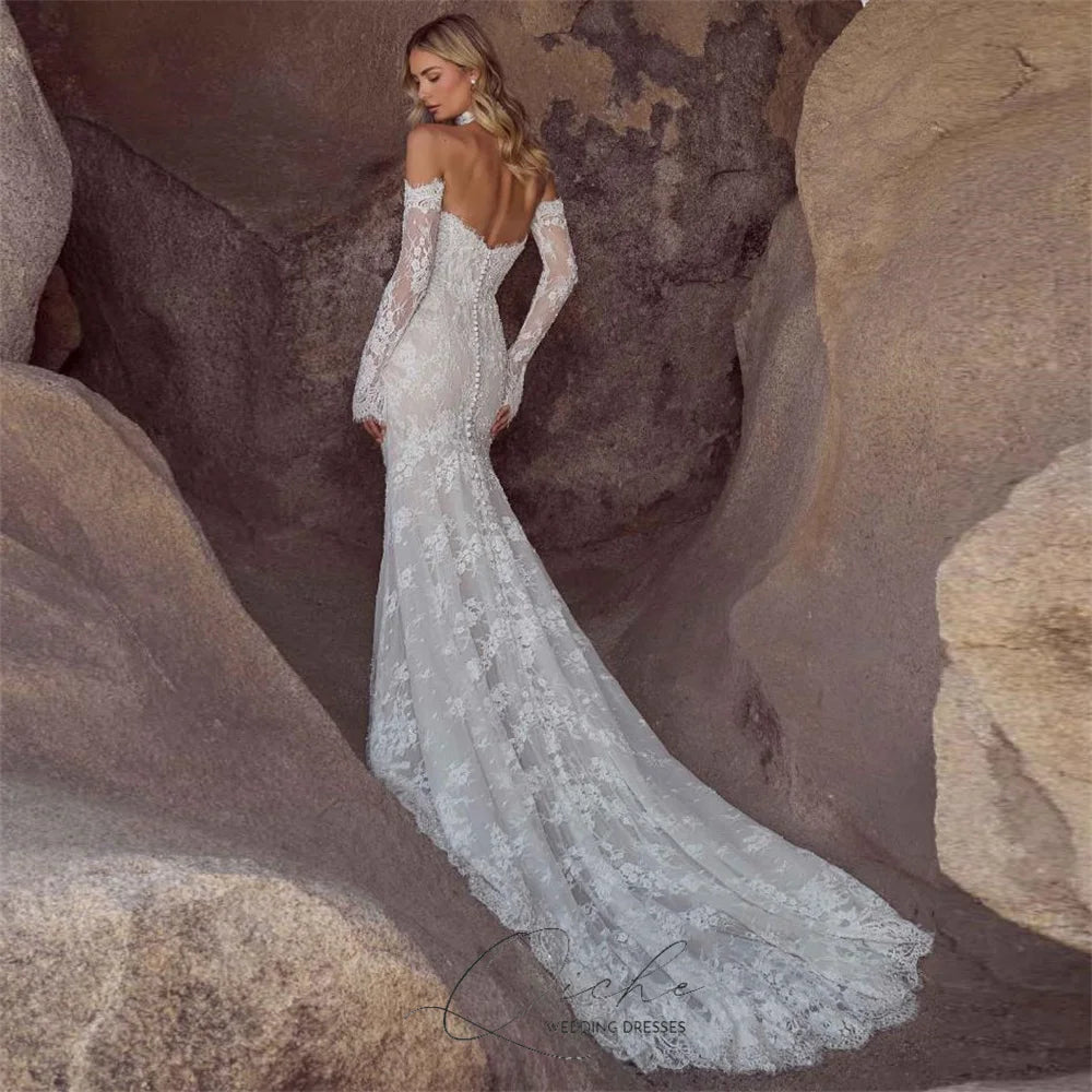 QICHE Classic Lace Sweetherat Long Sleeve Mermaid Wedding Dress Open Back Buttons Bridal Gown 2026 Vestidos De Novia Customized