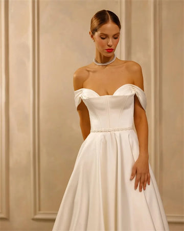 Customized Sweetheart Cap Sleeve Satin Wedding Gown A-Line Backless Lace Up Corset Bridal Gown vestidos de novia Evening Gowns
