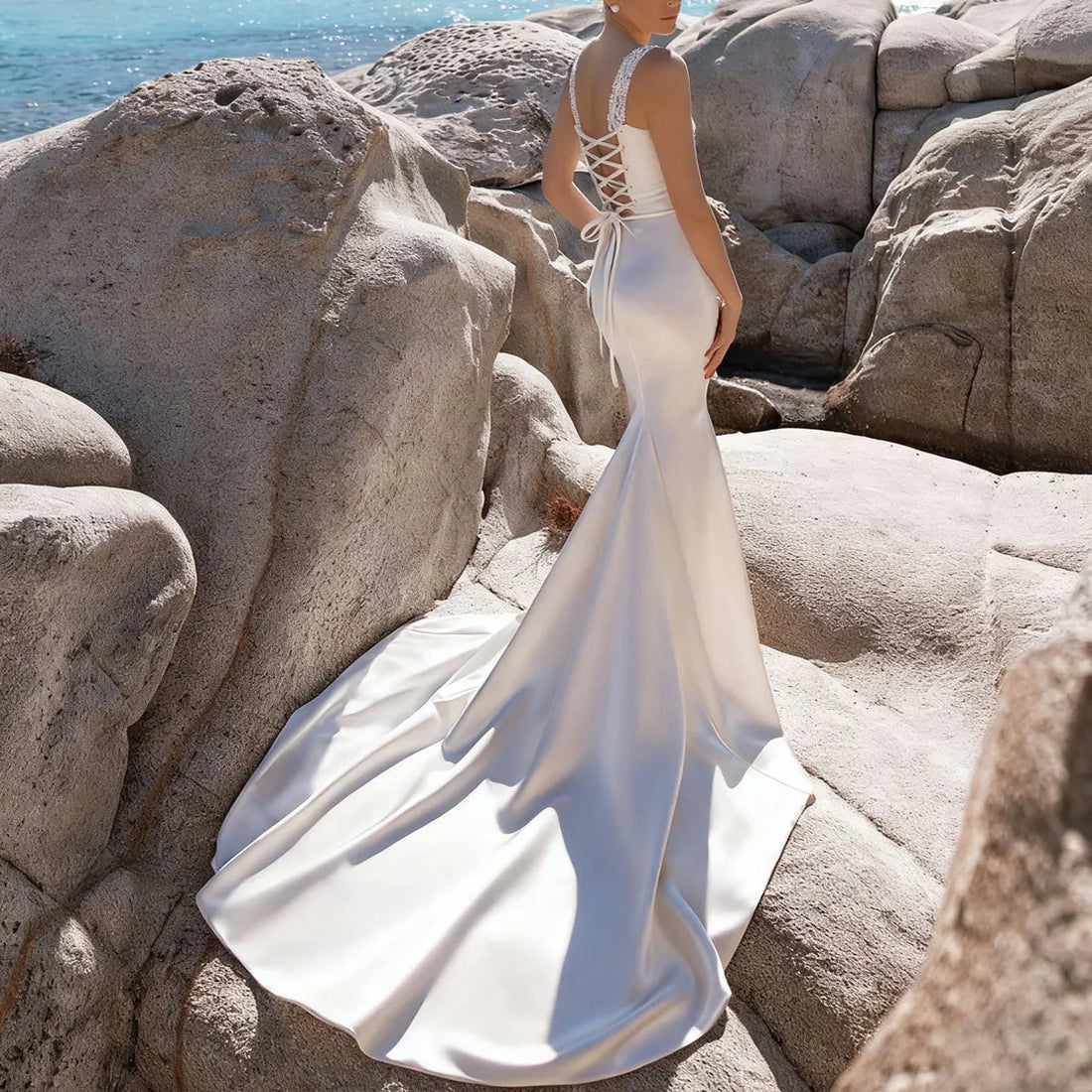 Luxury Satin Mermaid Beaded Wedding Dresses With Train Long Backless Square Collar Bridal Gown For Women Vestidos Novia