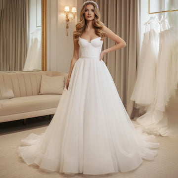 Simple V Neck Tulle Puffy Ball Gown Wedding Dresses For Women Vestidos Novia Long A Line Bridal Party Gown For Bride