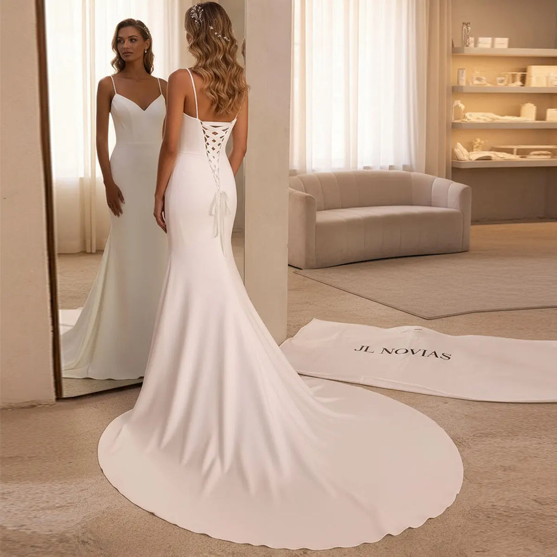 Romantic Backless Beaded Mermaid Wedding Dresses For Women Satin Sheath Long Bridal Party Gown For Bride Vestidos Novia