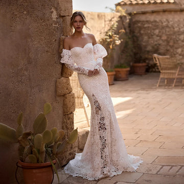 Classic Sweetheart Wedding Dresses for Women Bride Lace Mermaid Court Train 3/4 Puff Sleeves Bridal Gown Vestido De Casamento