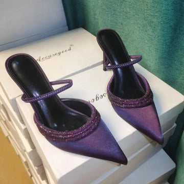 Autumn And Winter 2025 New Pointy Purple Stiletto High Heels Female Shallow Mouth Rhinrhinon With Satin Half Slipper Sandals