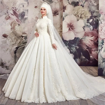 Elegant Luxury Muslim Women's Wedding Dress High-Neck Long Sleeve Decal Beaded Wedding Dress Customized 2025 Robe De Mariage