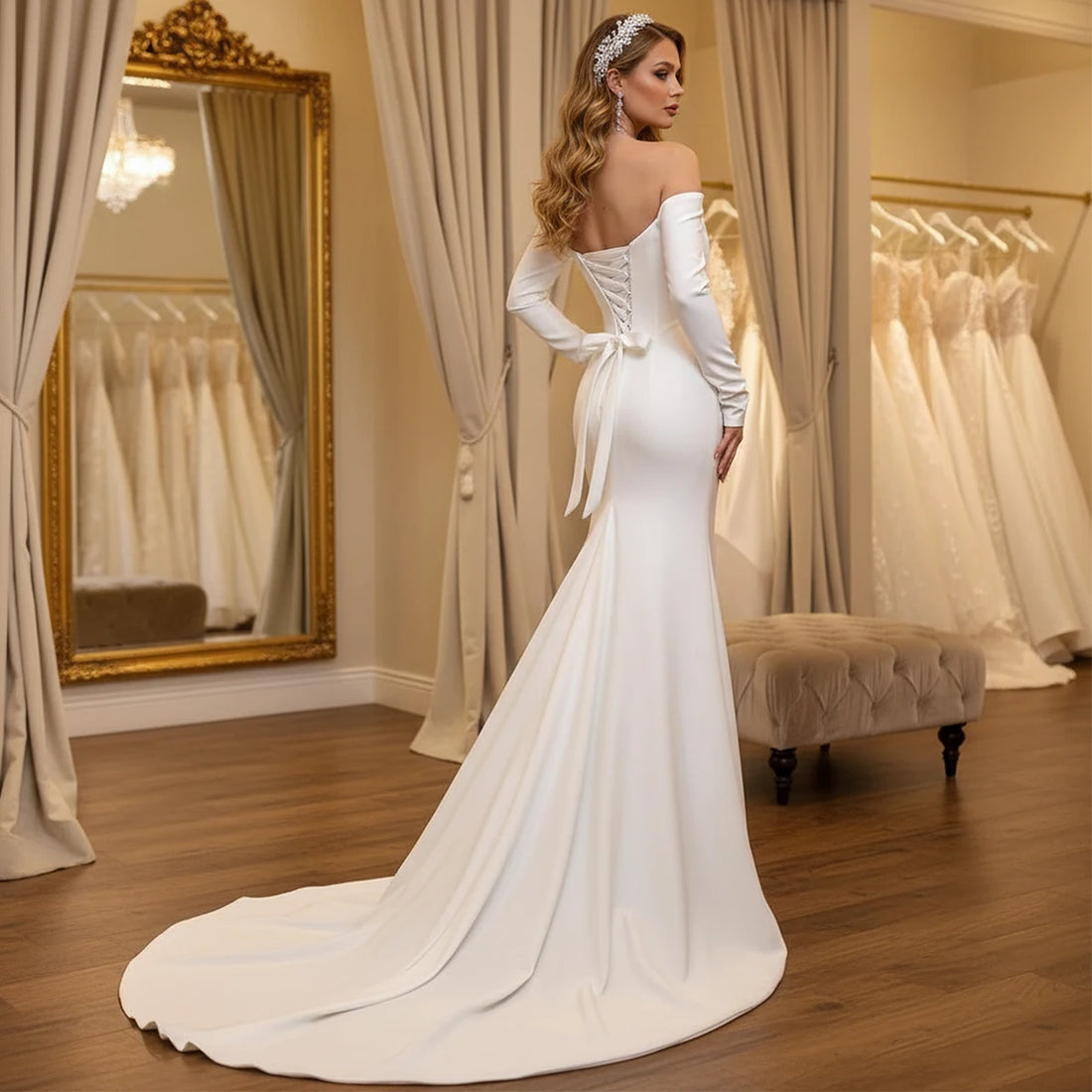 Elegant Satin Mermaid Wedding Dress For Bride Long Sleeve Backless Off Shoulder Bridal Party Gown For Women Vestidos Novia