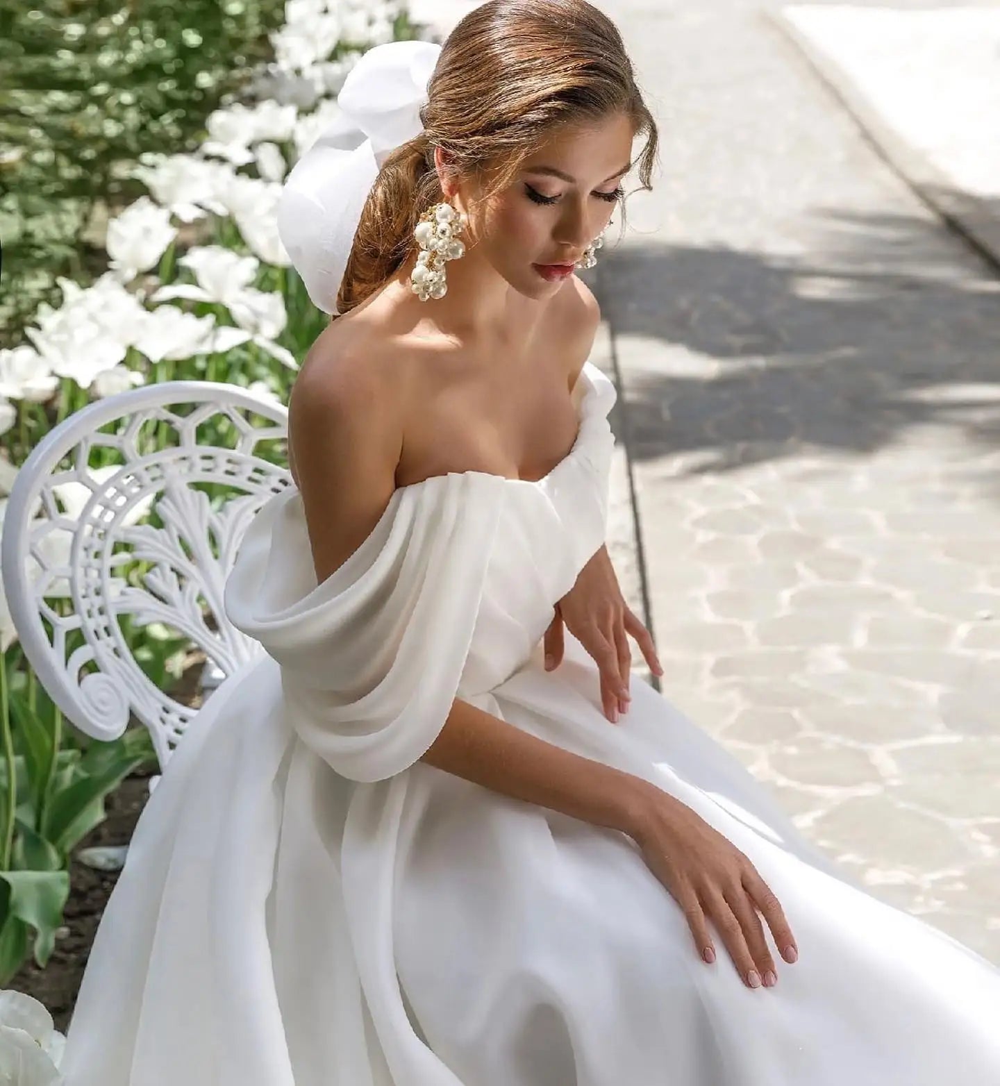 Elegant Off The Shoulder Organza Wedding Dresses Short Sleeves Boho Princess Bridal Gowns A-Line Simple Beach Vestidos Novia