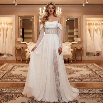 Luxury Sweetheart Lace Wedding Dress With Slit Satin Bridal Gown For Women Long Sleeve Off Shoulder Ball Gown Vestidos Novia