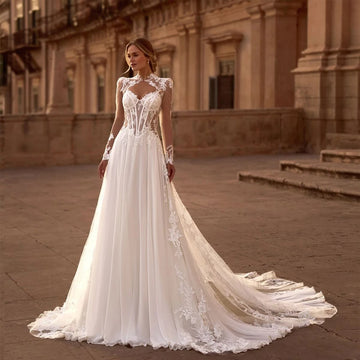 Women's Spaghetti Strap Glitter Wedding Dress Long Sleeve A-Line Lace Applique Backless Boho Style with Sweep Train Customizable