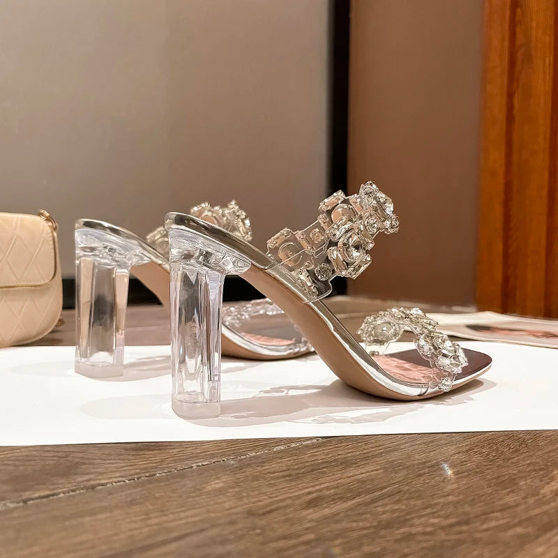 2025 Diamond-Encrusted Water Diamond Flip-Flops, Square-Toed, Fashionable And Elegant One-Line Crystal Shoes With High Heels