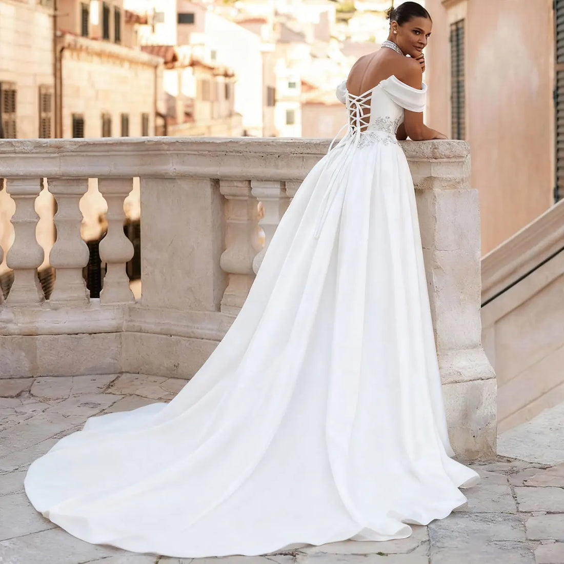 Classic Pleated Off Shoulder Long Ball Gown Wedding Dresses For Bride Satin Bridal Party Gown For Women Vestidos Novia