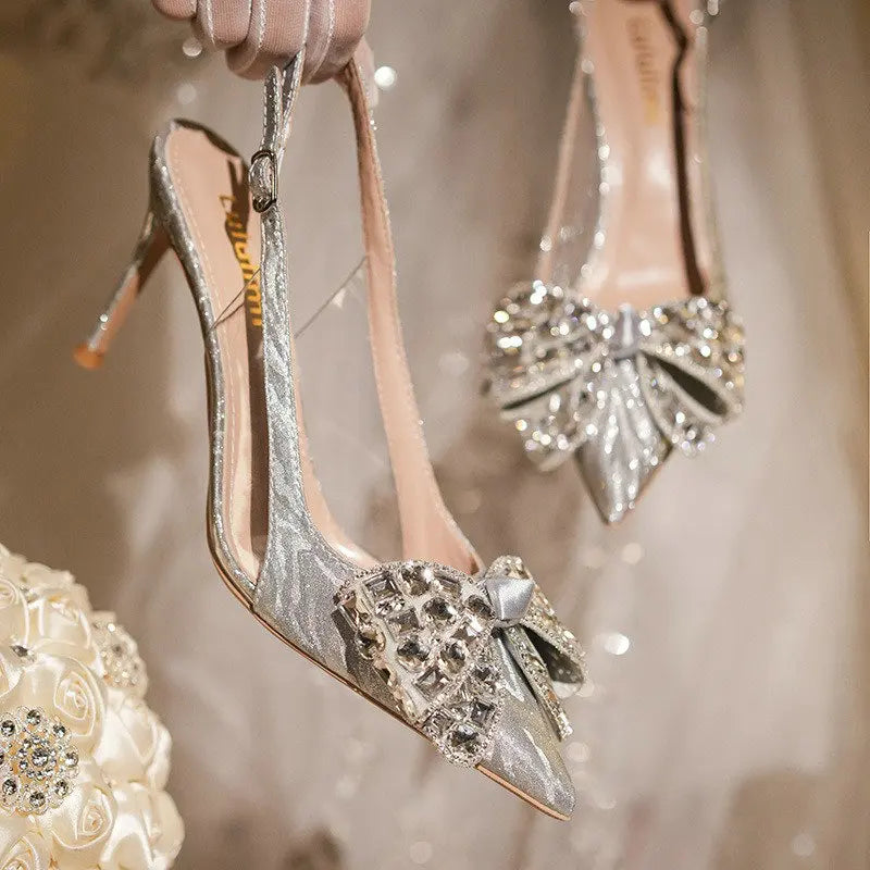 Crystal Wedding Shoes, Pointed-Toe Toe, Autumn Bridal Shoes, Fashionable Rhein Diamond Bridesmaid High Heels And Sandals