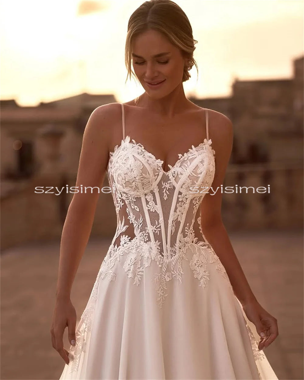 Women's Spaghetti Strap Glitter Wedding Dress Long Sleeve A-Line Lace Applique Backless Boho Style with Sweep Train Customizable