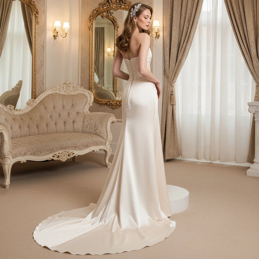 Elegant Vestidos Novia Satin Strapless Wedding Dress With Train A Line Ball Gown For Women Pleated Long Bridal Party Gown