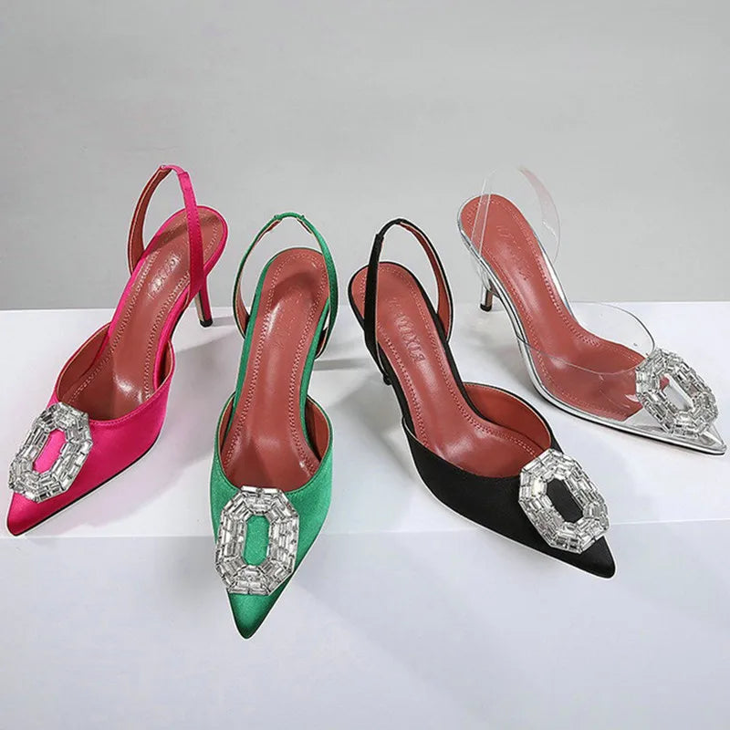 2025 Spring And Summer New Pointy Fairy Wind Transparent Rhinester High Heels With Silk Crystal Sandals Woman  Pumps