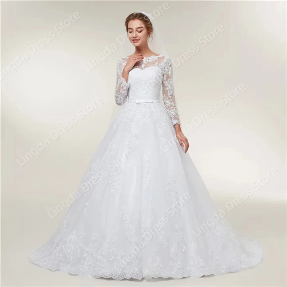Bohemian Beauty Princess Luxury tulle round neck lace applique bridal A-line custom wedding dress Vestidos de novia