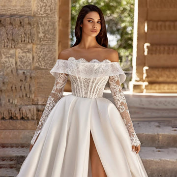 Off Shoulder Wedding Gowns For Bride Lace Top A-line Satin Bridal Dress Long Sleeve Party Gowns For Wedding