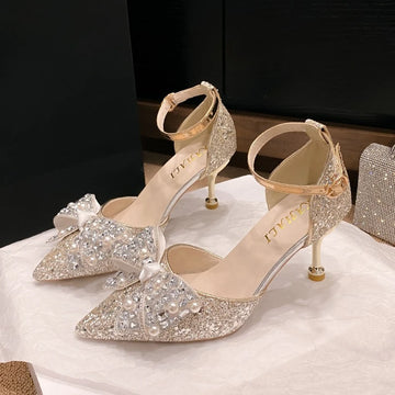 Banquet Stiletto Sandals Women's Fashion Pointed Toe Shallow Slip Rhinestone Flower Strap Anti-Slip Wear-Resistant High Heels