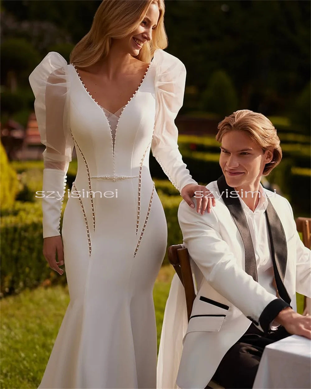 Fashion V Neck White Mermaid Wedding Dress Long Sleeves Sweep Train Custom Bridal Gowns vestido de novia Wedding Dresses Luxury