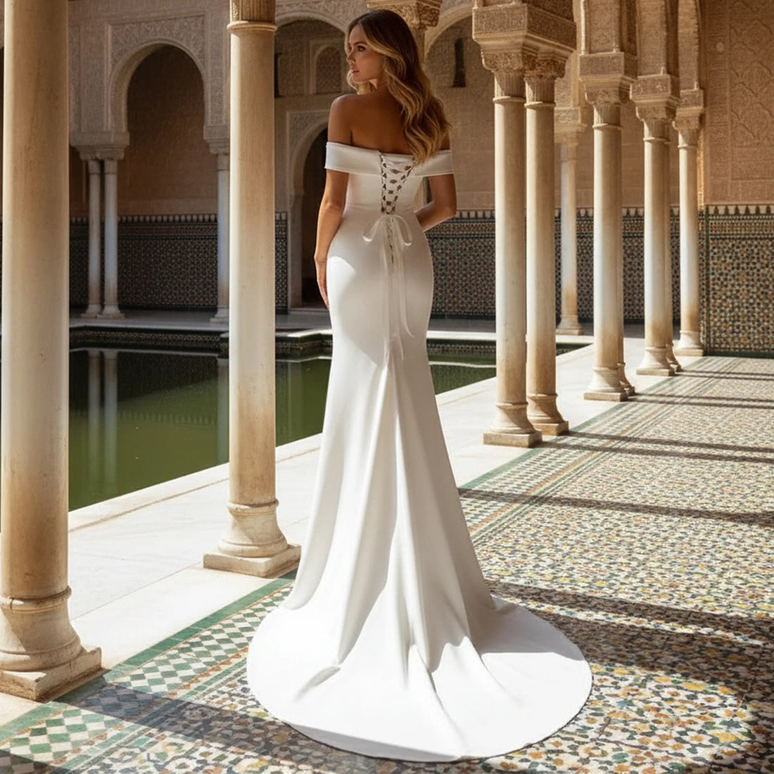 Elegant Vestidos Novia Mermaid Wedding Dress Long Satin Off Shoulder For Bride Button Hand Beading Bridal Party Gown For Women