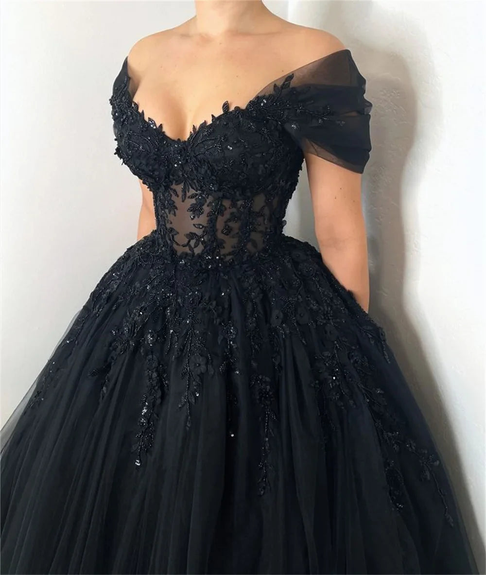 Black Ball Gown Tulle Prom Dress Elegant Lace Embroidery فساتين السهرة Sexy V-neck Off Shoulder Evening Dress