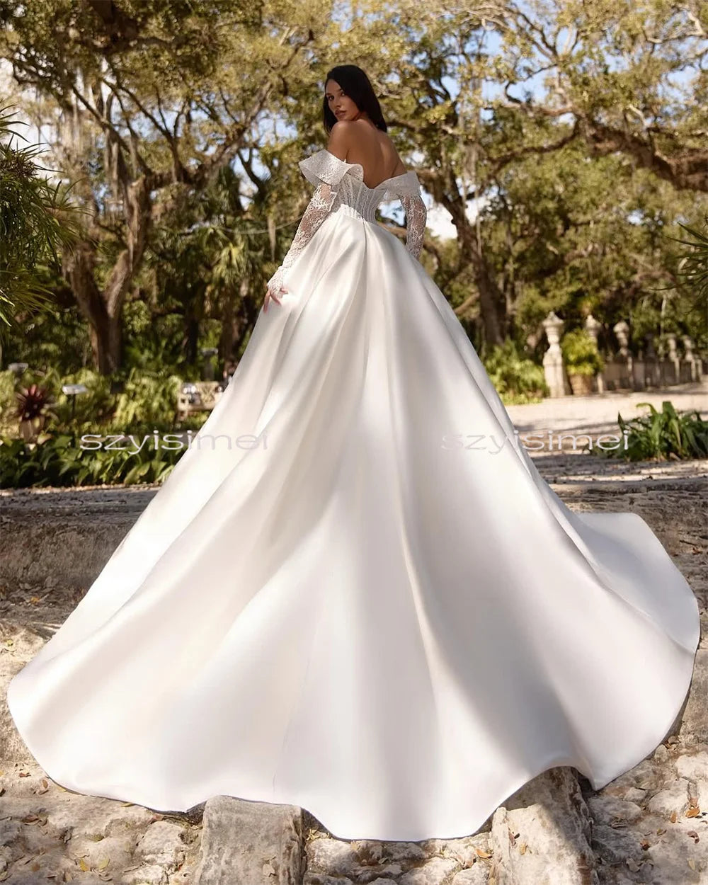 Off Shoulder Wedding Gowns For Bride Lace Top A-line Satin Bridal Dress Long Sleeve Party Gowns For Wedding