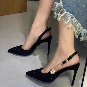 2025 Pointed-Toe Diamond High Heels For Women, Black Tight French Sexy Luxury Hollow Sandals