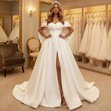 Elegant Satin Off Shoulder Wedding Dress With Bow Long Slit Ball Gown For Women Backless Bridal Party Gown Vestidos Novia