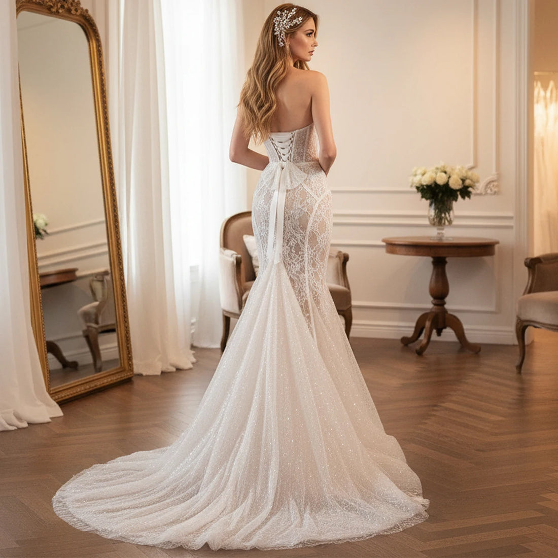 Elegant Sheath Lace Wedding Dresses With Train Long Mermaid Sweetheart Bridal Party Gown For Women Vestidos Novia